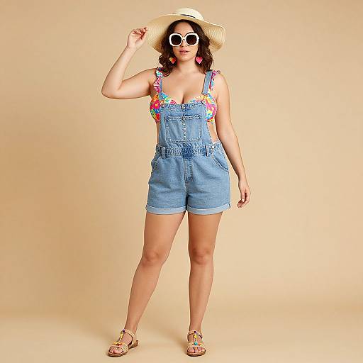 Photograph of a curvy woman with fair skin, wearing a straw hat, white sunglasses, colorful floral top, blue denim overalls, and tan