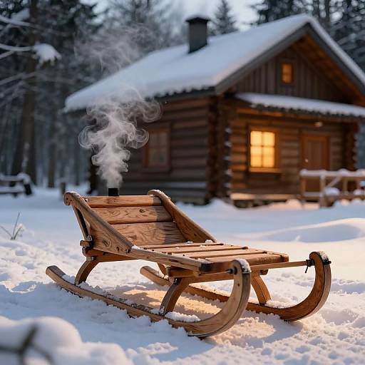 Photograph of a wooden snowshoe in foreground with smoke rising, in front of a warmly lit log cabin in snowy forest.