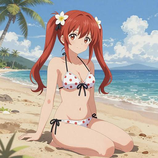 Anime Girl on Tropical Beach Illustration