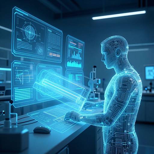 Digital CGI image of a blue, wireframe male figure interacting with glowing, holographic computer screens in a futuristic lab.