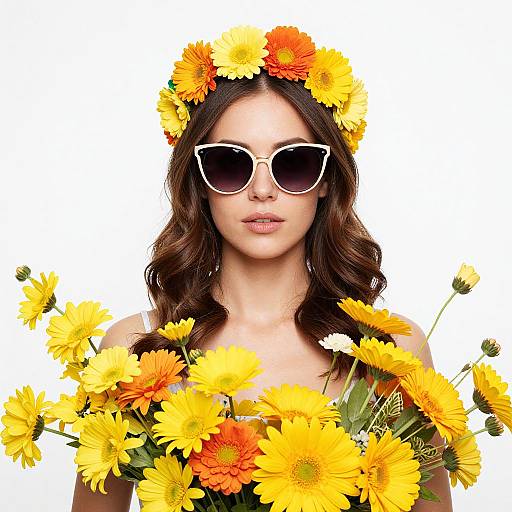 Photograph of a woman with wavy brown hair, wearing white sunglasses, a yellow flower crown, and a bouquet of yellow and orange daisies
