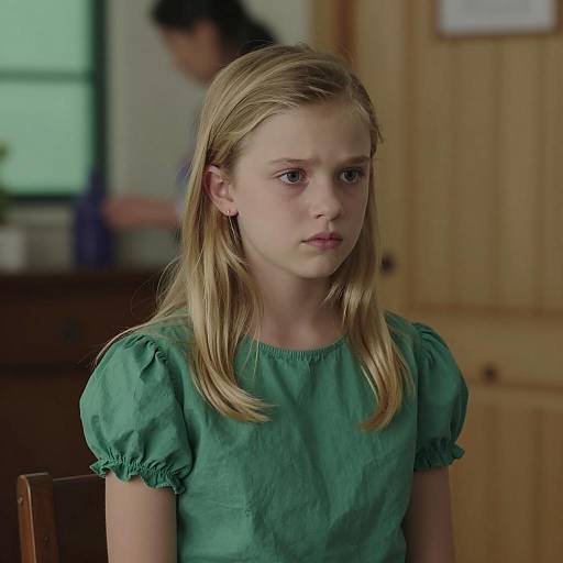 Young Blonde Girl in Green Puffed-Sleeve Shirt