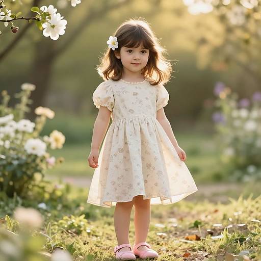 Photograph of a young girl with light brown hair, wearing a white floral dress and pink shoes, standing in a sunlit garden with blooming flowers