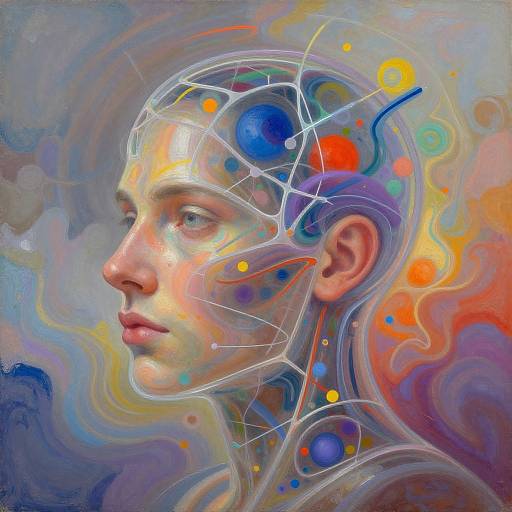 Digital painting of a profiled face with glowing blue and orange orbs, white lines, and vibrant swirls on a colorful, abstract background.