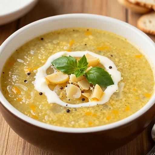 Photograph of a bowl of creamy yellow soup with orange carrot pieces, black pepper, white swirl, and garnished with green basil and cubed cheese