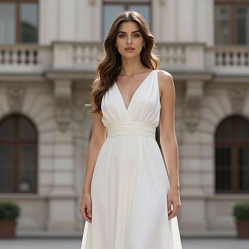 Photograph of a beautiful woman with long brown hair, wearing a sleeveless, deep V-neck white dress, standing in front of a historic stone building