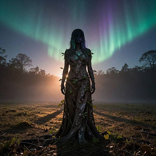 Silhouetted woman standing as a tree in a misty forest at sunset, surrounded by vibrant green and blue auroras. Photographic art.