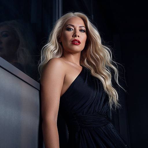 Photograph of a blonde woman with long, wavy hair, wearing a black, one-shoulder dress, and bold red lipstick, standing against