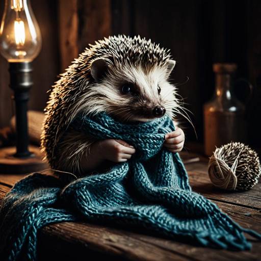 Hedgehog Knitting a Blue Scarf