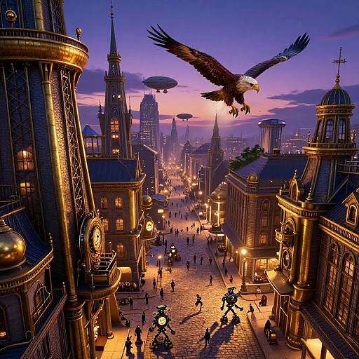 Fantasy cityscape at sunset with a soaring eagle, Victorian architecture, illuminated streets, clock towers, and floating airships; vibrant, detailed digital art