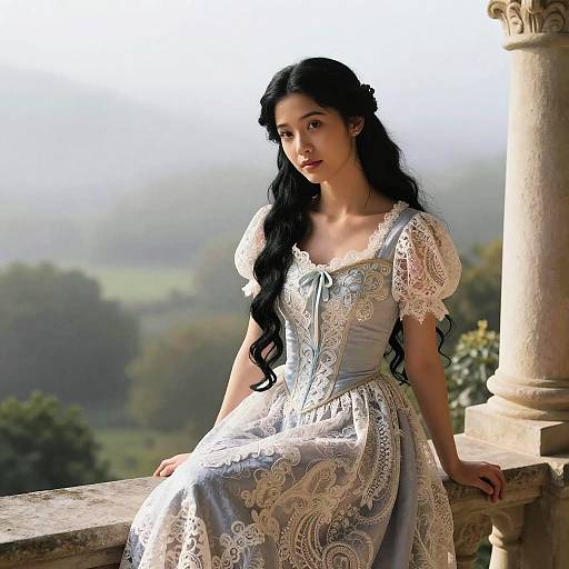 Black-Haired Rapunzel on Misty Balcony