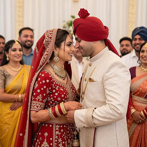 Photograph of a smiling Indian bride in a red embroidered saree and matching red dupatta, and groom in a white sherwani with red tur