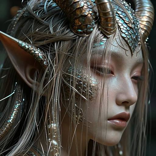 CGI fantasy portrait of an elven woman with silver hair, metallic horned headpiece, and intricate jewelry, featuring detailed textures and glowing accents.