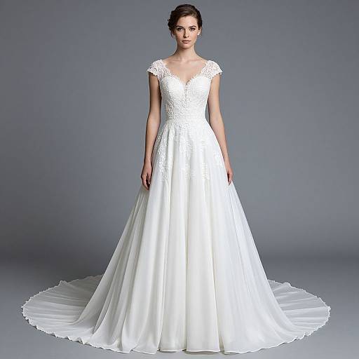 Photograph of a slender, fair-skinned woman in a white, lace-trimmed, V-neck, sleeveless wedding gown with a long,