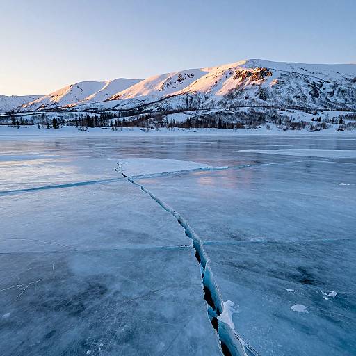 Photograph of a frozen lake with a prominent crack leading to snow-capped mountains bathed in golden sunlight under a clear blue sky.