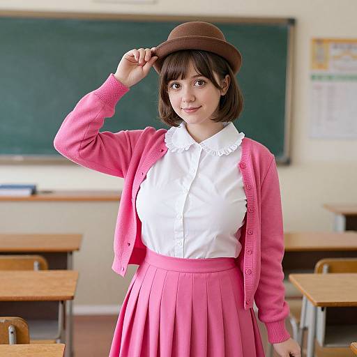 Photograph of a young woman in a classroom, wearing a brown hat, pink cardigan, white blouse, and pink pleated skirt, standing in