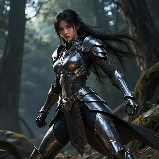 Digital artwork of a fierce, dark-haired woman in shiny black medieval armor, standing in a misty forest with glowing light filtering through trees. Her intense
