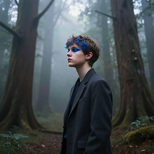 Photograph of a pale, young man with short, curly brown hair and striking blue face paint, wearing a black suit, standing in a misty