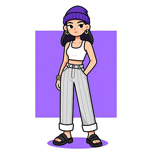 Cartoon-style drawing of a young woman with dark hair, wearing a purple beanie, white crop top, high-waisted white pants, black