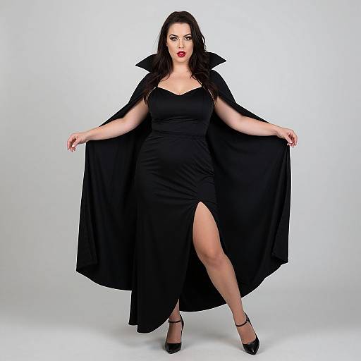Photograph of a curvy woman with pale skin, dark wavy hair, wearing a black, form-fitting dress with a high slit and cape