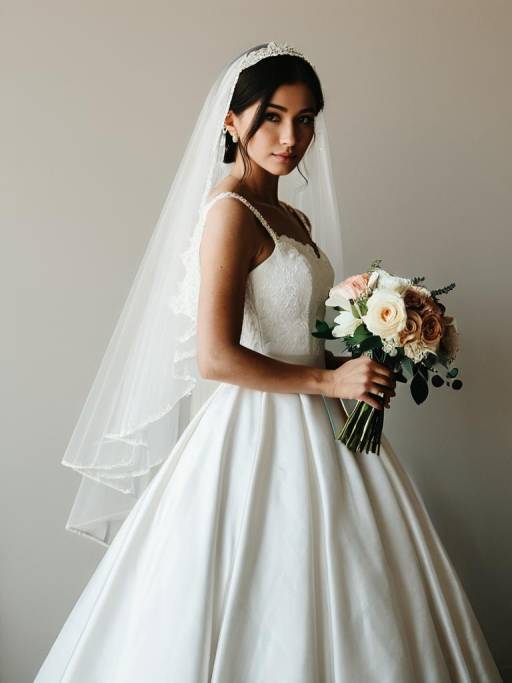 Bride in White Wedding Dress with Veil and Bouquet