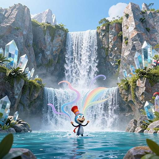 CGI image of a cartoon penguin with a red hat and black tie, standing in a crystal-filled waterfall pool, waving and creating a rainbow with