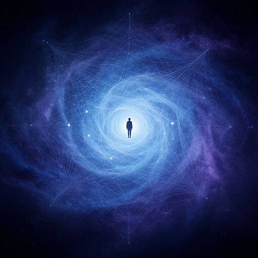 Silhouetted figure stands at the center of a glowing blue spiral galaxy with intricate web-like patterns and small star-like lights. Digital art.