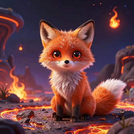 Cute digital illustration of a fluffy, orange fox with big, dark eyes sitting in a volcanic landscape with glowing lava and floating embers.