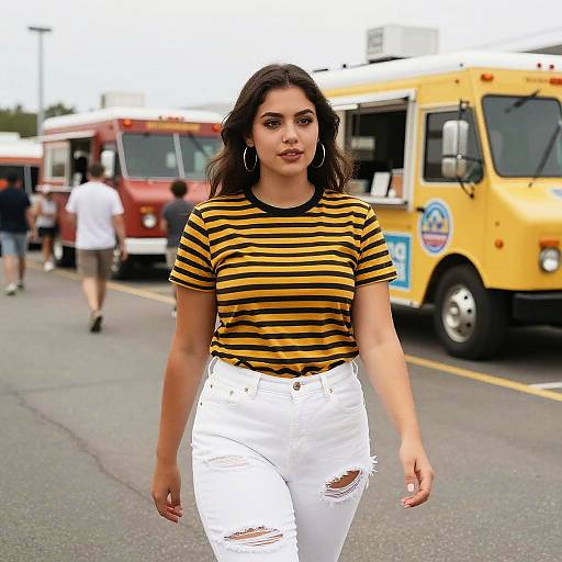 Curvy Woman at Vibrant Food Truck Rally