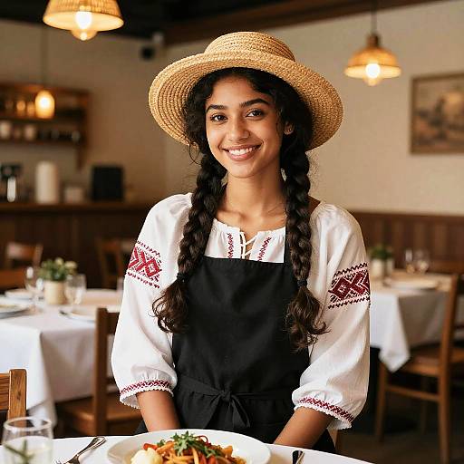 Photograph of a smiling young woman with dark skin and long braided hair, wearing a straw hat, white embroidered blouse, and black apron,