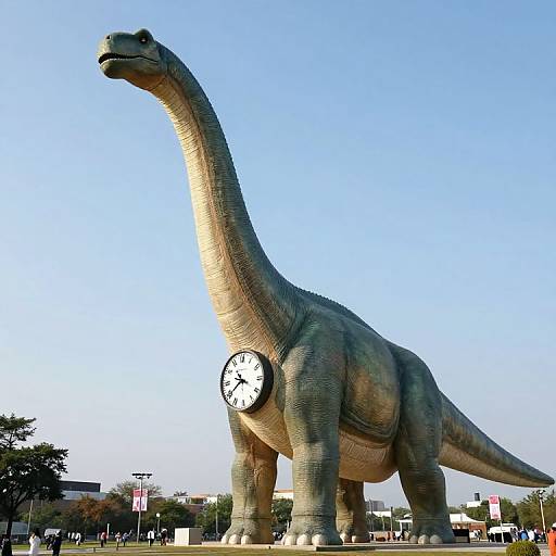 Photograph of a large, green, dinosaur statue with a clock embedded on its chest, standing in an outdoor plaza under a clear blue sky.
