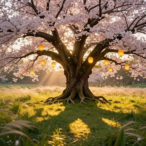 Photograph of a cherry blossom tree with glowing orange lanterns, sunlight streaming through pink flowers, casting golden light on grass.