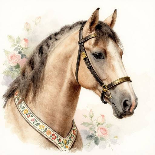 Digital painting of a light brown horse with a dark mane, adorned with a floral-patterned halter and bridle, set against a soft, floral