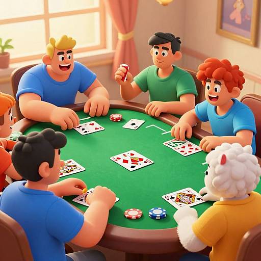 Cartoon-style digital illustration of six men, diverse in hair color, playing poker around a green-felt table in a sunlit room.