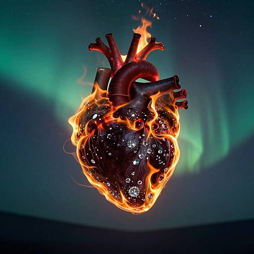 Digital artwork of a fiery, glowing heart with blackened, charred textures floating against a vibrant green and blue aurora background.