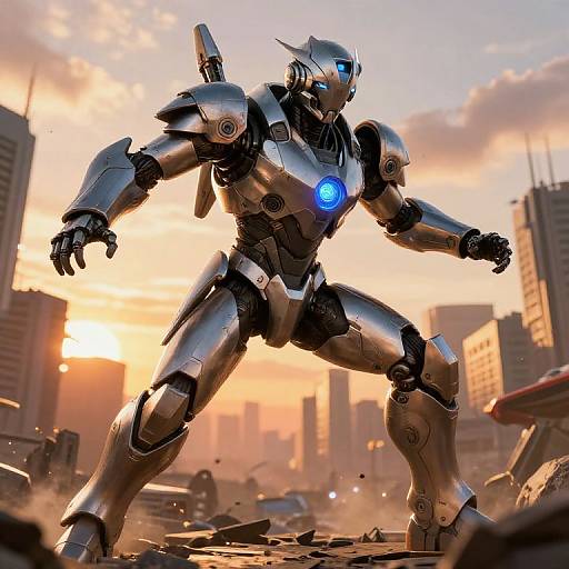 CGI image of a silver, futuristic robot with glowing blue chest light, standing in a ruined cityscape during a sunset.