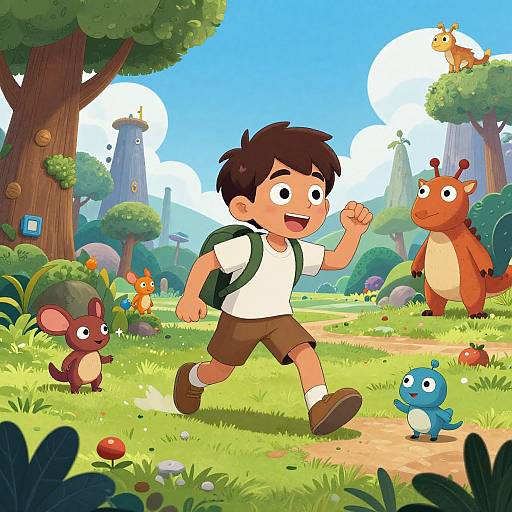Colorful cartoon of a happy boy with brown hair, white shirt, brown shorts, and green backpack, walking through a vibrant forest with friendly, anthrop