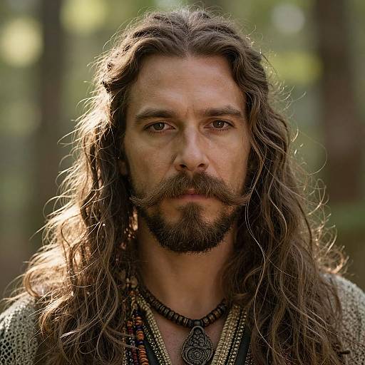 Photograph of a rugged, long-haired man with a beard, wearing tribal jewelry, in a sunlit forest, with a serious expression.