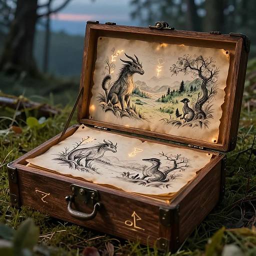 Photograph of an open wooden box with intricate black ink drawings of fantastical creatures on illuminated parchment, set on mossy forest floor at twilight.
