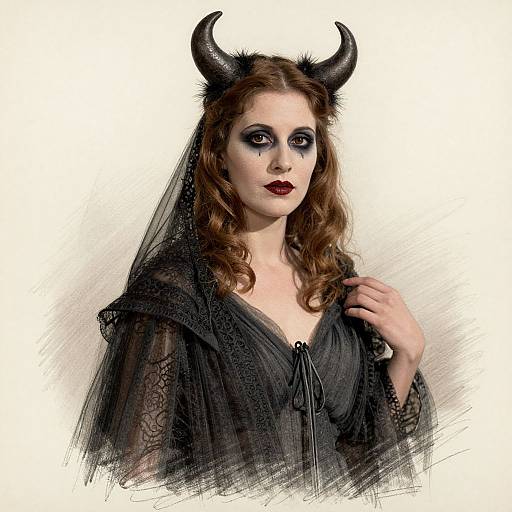 Digital illustration of a pale-skinned woman with dark makeup, black horns, curly brown hair, and a black lace dress, gazing confidently.