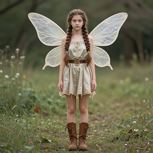 Photograph of a young girl with long brown braids, wearing a gold dress, brown boots, and transparent fairy wings, standing in a grassy