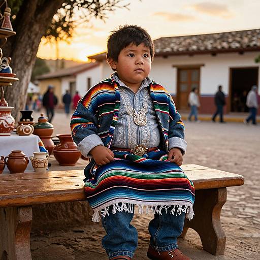 Photograph of young boy with short black hair, wearing colorful striped traditional jacket and blue jeans, sitting on wooden bench in village square, sunset background,