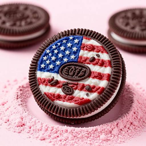 Photograph of a decorated Oreo cookie with an American flag design, featuring a blue star field, red and white stripes, and 