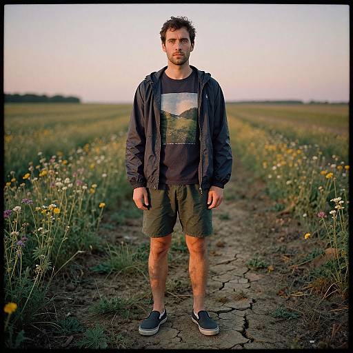 Man in Nature-Inspired Outfit at Sunset