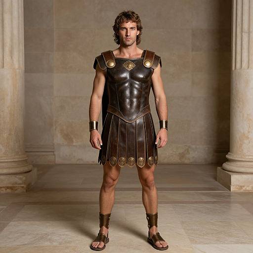 Photograph of a muscular man with curly brown hair, wearing a shiny black ancient Greek-style armor, standing in a marble-columned room.