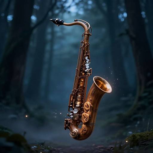 Photograph of a glowing, ornate saxophone floating in a dark, misty forest, illuminated from within, with blue-toned background.