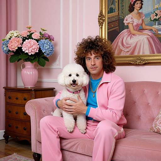 Photograph of a curly-haired man in a pink suit and blue shirt, holding a white poodle, in a pink-themed room with floral vase and