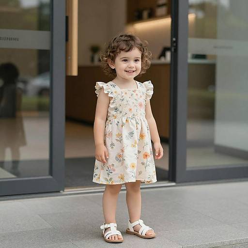 Toddler Girl Smiling by Modern Building