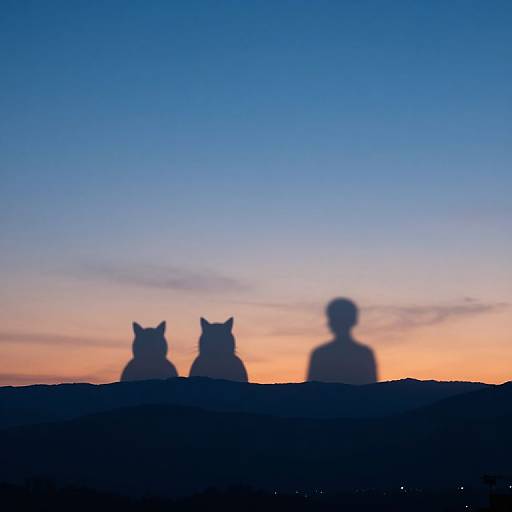 Silhouetted photograph of two cat-shaped shadows and one human-shaped shadow against a gradient sunset sky, with blue to orange hues.