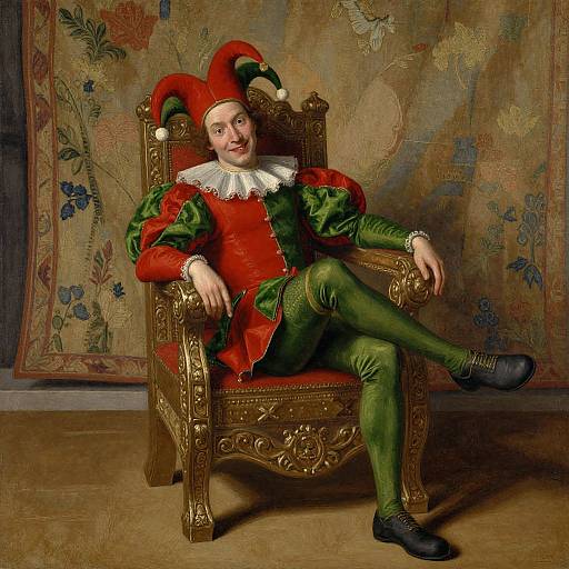 Renaissance-style portrait of a man in a red and green jester's outfit, with a white ruffled collar, sitting on an ornate